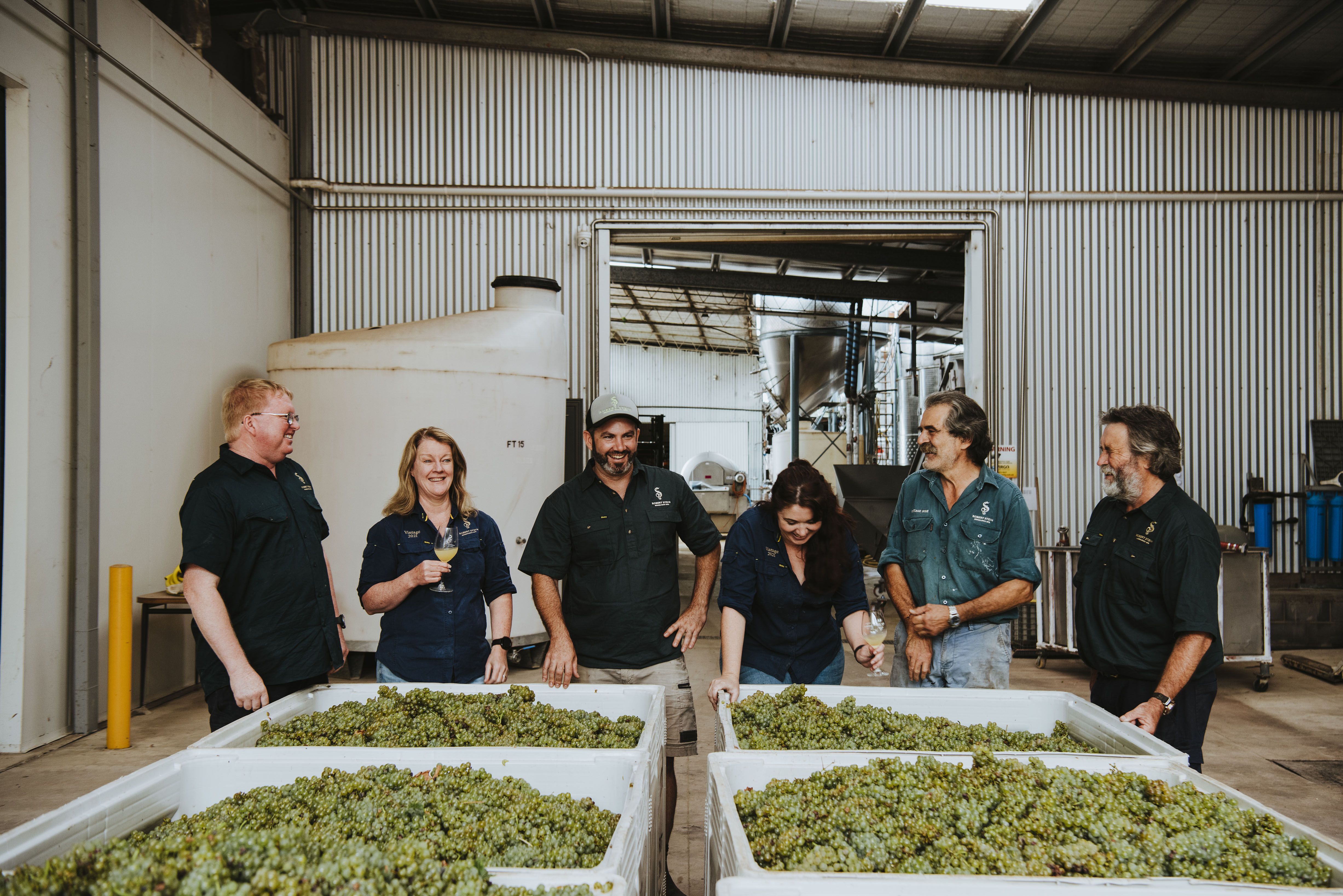 People inside the winery in front of harvested grapes 